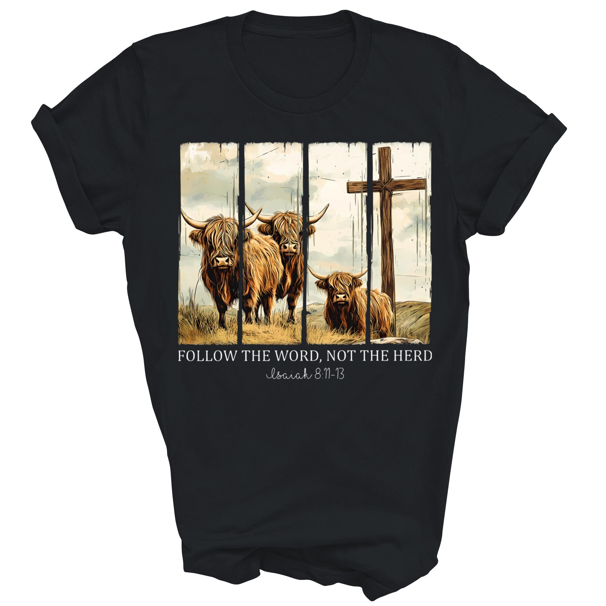 Follow The Word Not The Herd Christian Highland Cow Unisex Shirt Gift - Picture 3 of 5